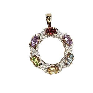 Sterling Silver Cut Multi Gemstone Circle Wreath Pendant Amethyst Garnet